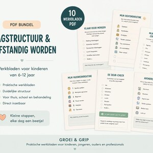 May include: A digital PDF bundle of 10 printable worksheets titled Dagstructuur & Zelfstandig Worden. The pages feature checklists for daily routines including morning, school, homework, and evening tasks with icons and Dutch text for children.