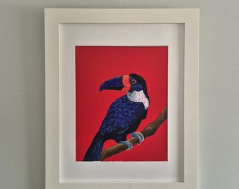Pintura original de tucán – Arte de aves en acrílico sobre lienzo de 8x10 pulgadas, decoración de pared tropical enmarcada, obra de arte de vida silvestre única.