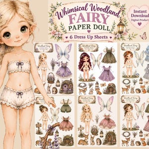 Könnte beinhalten: Ein digitales Download-Set mit Whimsical Woodland Fairy Papierpuppen-Bögen, bestehend aus sechs Seiten mit Illustrationen von Puppen, Kleidern, Flügeln und Waldtieren. Der Text lautet Whimsical Woodland Fairy Paper Doll, 6 Dress Up Sheets, Instant Download, Digital Product, 300 DPI High Resolution und US Letter Size 21,6 x 27,9 cm.