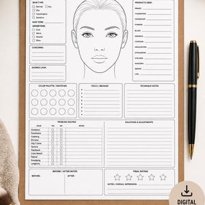 May include: A makeup face chart on a clipboard featuring a line drawing of a face, with sections for skin type, products used, colour swatches, and problem-solving notes. The document specifies two sizes: A4 (210 x 297 mm) and US Letter (8.5 x 11 inches).