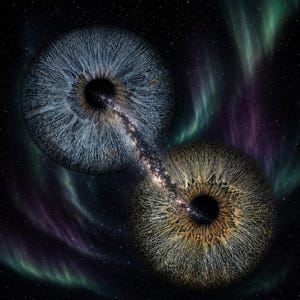 Può includere: Un'opera d'arte digitale che raffigura due iridi umane, una blu e una marrone, collegate da un flusso di stelle su uno sfondo spaziale scuro con aurore boreali verdi e viola. Il testo Maria, un simbolo di infinito e Dermot appare in basso.