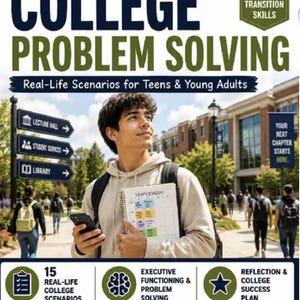 Peut inclure: Une couverture de livre intitulée College Problem Solving: Real-Life Scenarios for Teens & Young Adults. Elle montre un étudiant tenant un smartphone et un carnet d'emploi du temps sur un campus avec des panneaux et des textes sur les compétences.