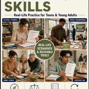 Peut inclure: Une affiche intitulée PLANNING & PRIORITIZING SKILLS : Real-Life Practice for Teens & Young Adults. Elle présente quatre sections montrant des personnes utilisant des listes pour l'école, le travail, la maison et la vie quotidienne, avec des icônes.