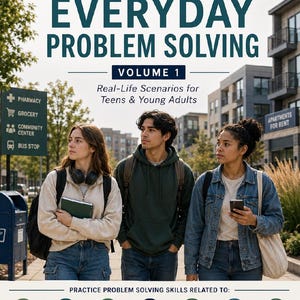 Może przedstawiać: Okładka książki zatytułowana Transitioning to Adulthood Everyday Problem Solving Volume 1, przedstawiająca troje młodych dorosłych na zewnątrz. Tekst zawiera Real-Life Scenarios for Teens & Young Adults oraz wymienia umiejętności takie jak zdrowie i finanse.