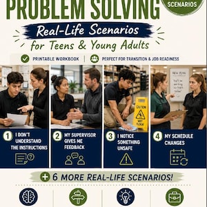 May include: A printable workbook titled Workplace Problem Solving featuring 10 real-life scenarios for teens and young adults. The cover displays four photographic examples of workplace situations, icons for skills like critical thinking, and text.