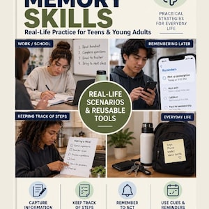 May include: A book cover titled Working Memory Skills: Real-Life Practice for Teens & Young Adults. It features four panels showing people using strategies for work, school, remembering, tracking steps, and everyday life, with icons for reminders.