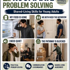 May include: An educational poster titled Roommate Problem Solving: Shared-Living Skills for Young Adults. It features six real-life scenarios with images depicting common conflicts like missing food, bathroom access, noise, and blocked pathways.