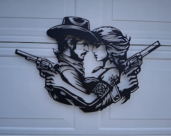 Cowboy and Cowgirl gun fighting