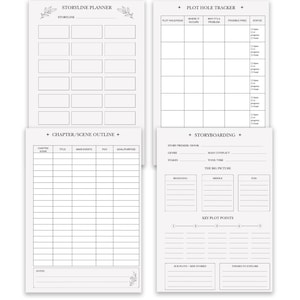 May include: Four white paper planning sheets for writers. The pages include a Storyline Planner with blank boxes, a Plot Hole Tracker grid, a Chapter/Scene Outline table, and a Storyboarding sheet with sections for premise, conflict, and plot points.