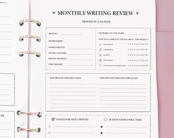 Monthly Writing Review Planner Insert - Novel Writing Planner Template Printable, Self Publishing Book Writing Tracker, Physical Copy Pack