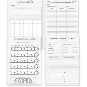 Paquete de plantillas para planificador mensual de novelas: plantilla imprimible para planificador de escritura de novelas, registro de lectura para autopublicación, descarga digital.