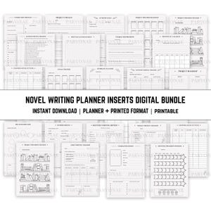 Könnte beinhalten: Eine Sammlung weißer Planer-Einlagen aus Papier für das Schreiben von Romanen mit schwarzem Text und Liniengrafiken. Die Blätter enthalten Überschriften wie Character Check-in, Project Progress Tracker, Storyline Planner und Daily Writing Tracker.