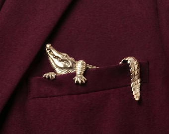 Gold Alligator Brooch, Sculpted Crocodile Pocket Square Clip, Men's Suit Accessory