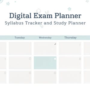 Può includere: Un pianificatore di esami digitale con il testo Digital Exam Planner Syllabus Tracker and Study Planner. Il layout presenta una griglia di calendario settimanale da lunedì a venerdì con accenti azzurri e sottili illustrazioni floreali e di orologi.