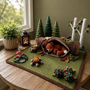 May include: A crochet play set featuring a brown log tunnel containing a mother fox and two kits, surrounded by three green pine trees, two white birch trees, a small campfire, a cluster of red mushrooms, and two berry bushes on a green mat.