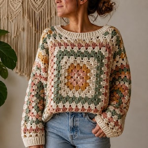 Crochet Granny Square Sweater Pattern, Boho Pullover, Women's PDF Knitting Instructions