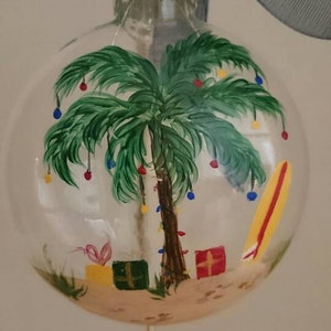 Ornament, glass, decorated palm tree, with presents and surfboard image 1