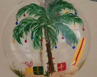 Ornament, glass, decorated palm tree, with presents and surfboard