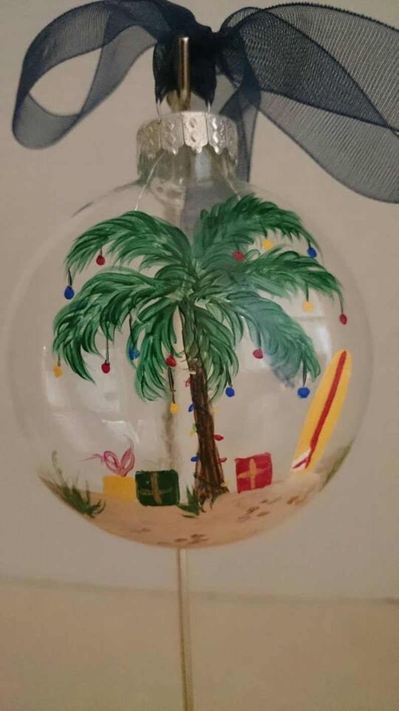 Ornament, glass, decorated palm tree, with presents and surfboard image 1