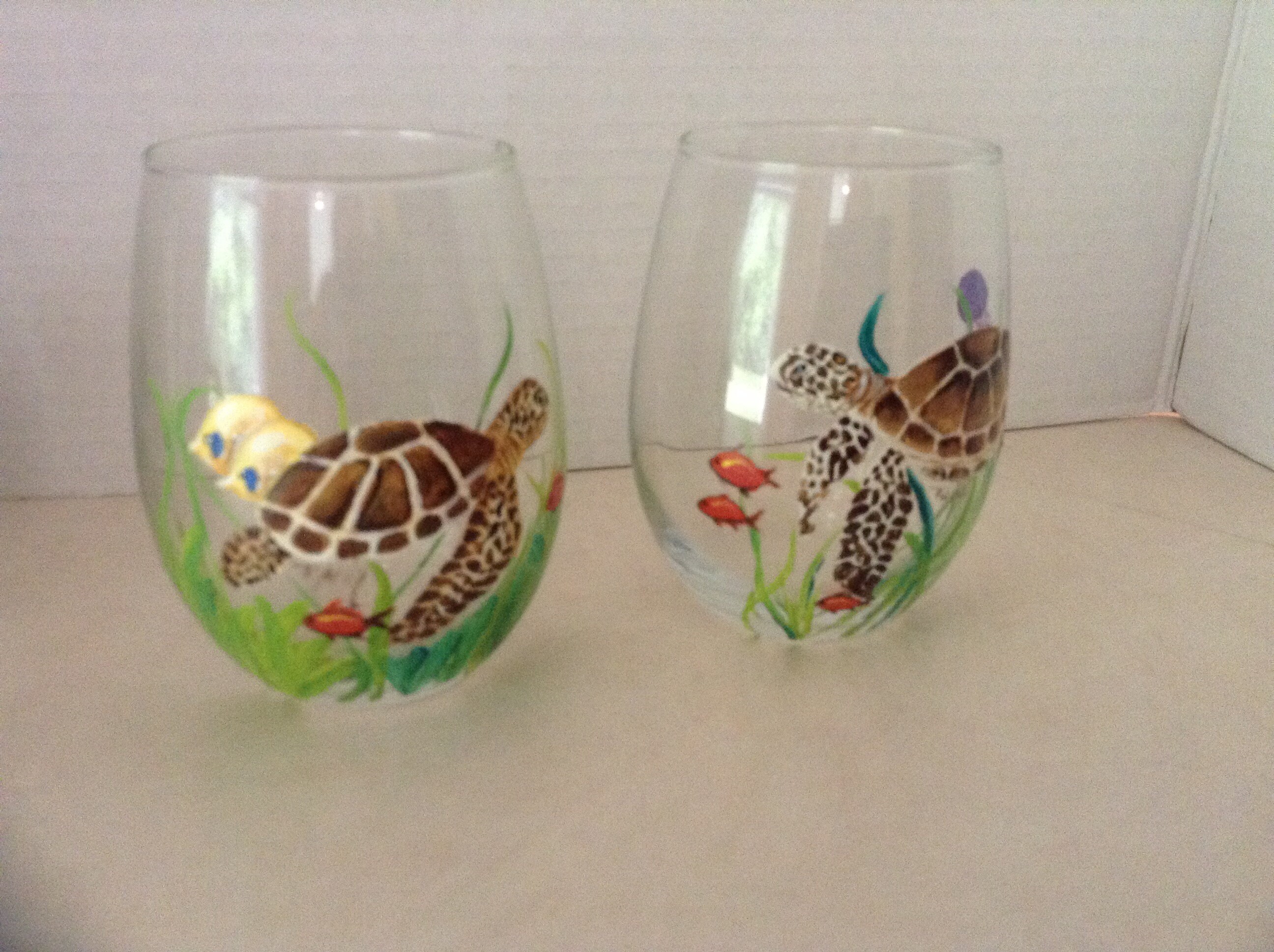 1 Wine Glass, Sea Turtle Wine Glasses, Stemless, Hand Painted, Brown