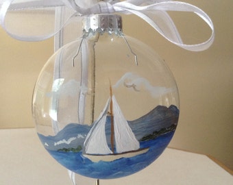 Ornament,  glass,  sailboat on water, hand painted