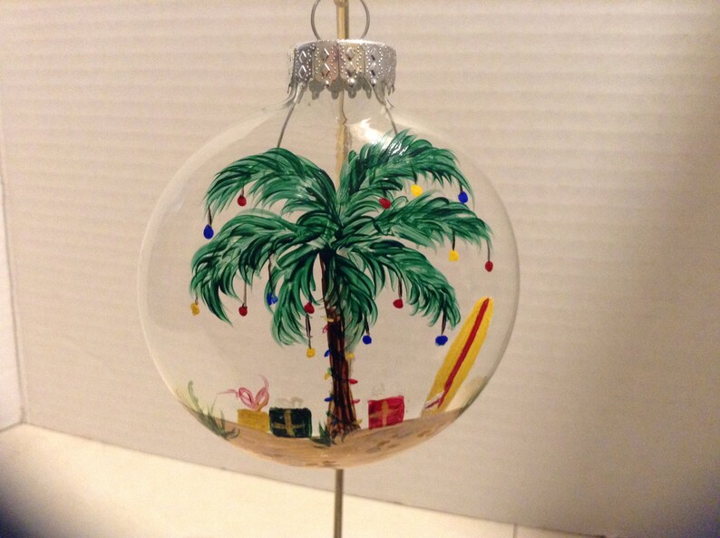 Ornament, glass, decorated palm tree, with presents and surfboard image 2