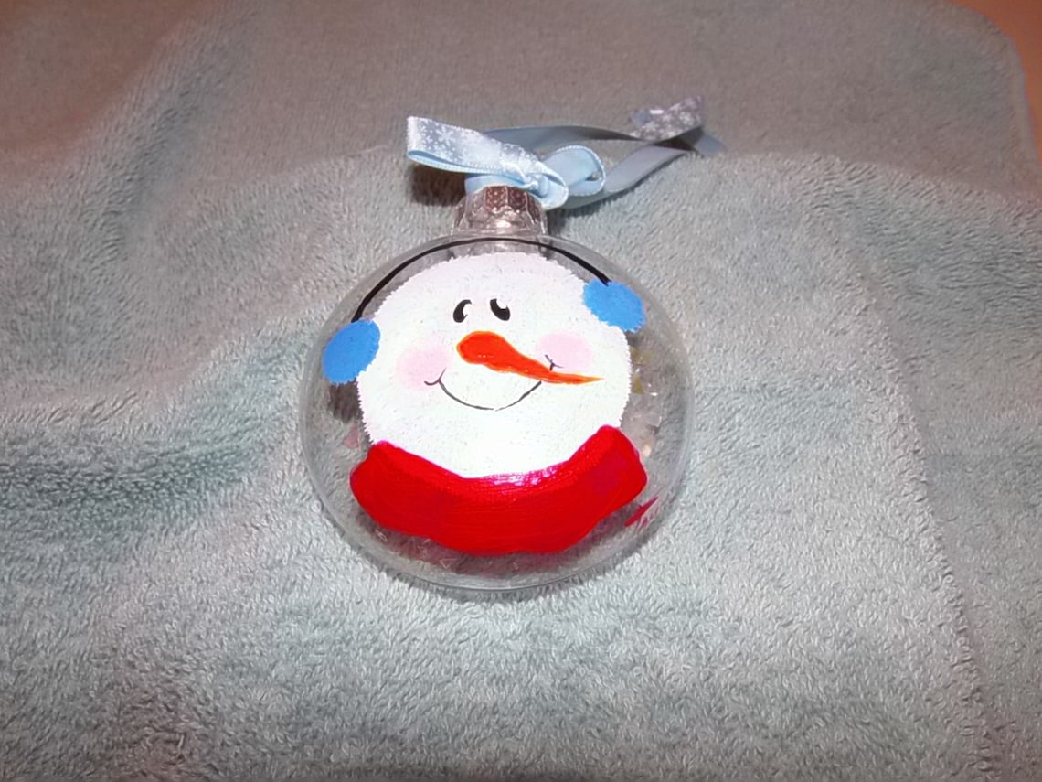 Snowman christmas ornament, clear glass, handpainted Etsy.de