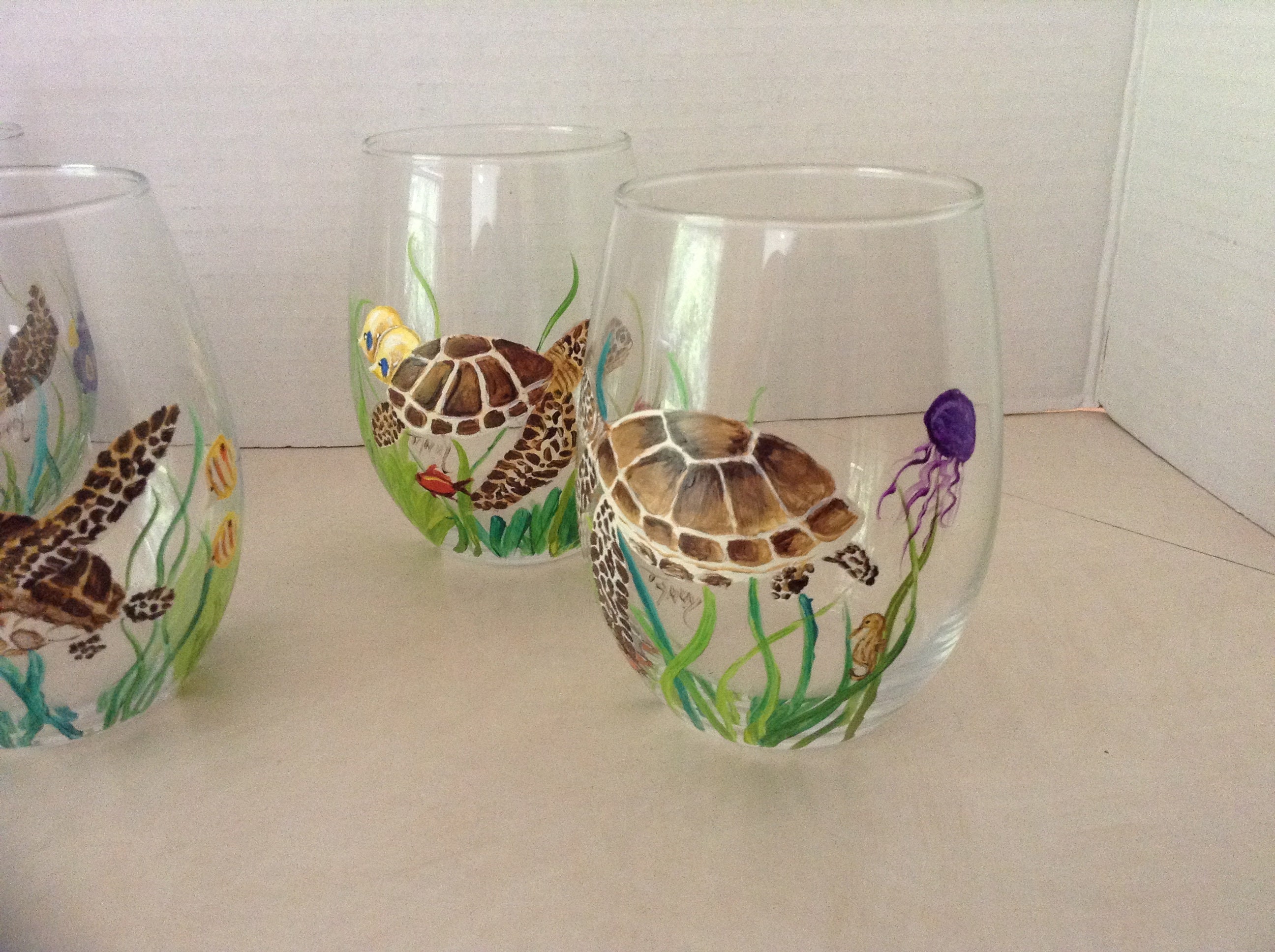 1 Wine Glass, Sea Turtle Wine Glasses, Stemless, Hand Painted, Brown
