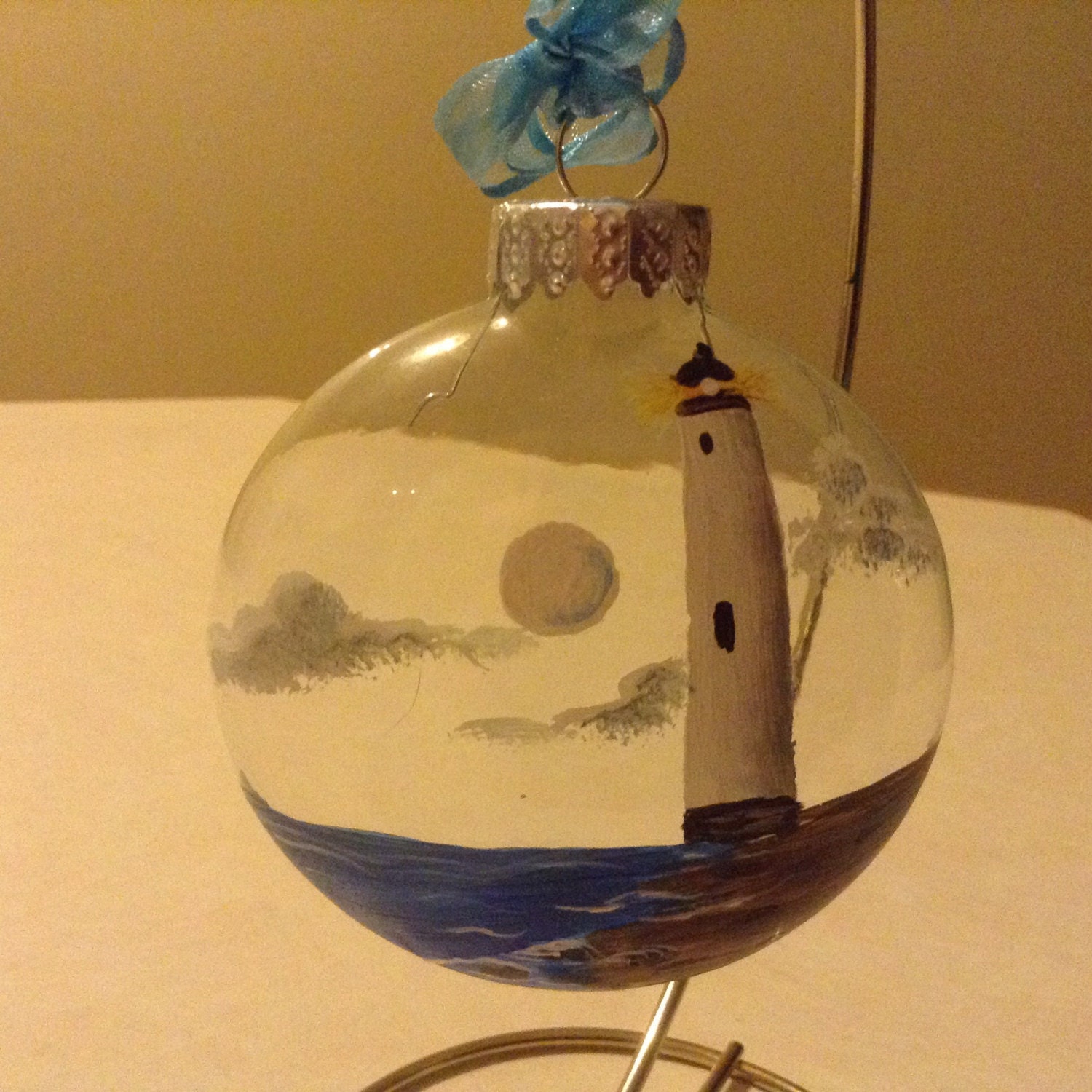 Ornament, Glass, Lighthouse, White, With Beach and Water,hand Painted Etsy