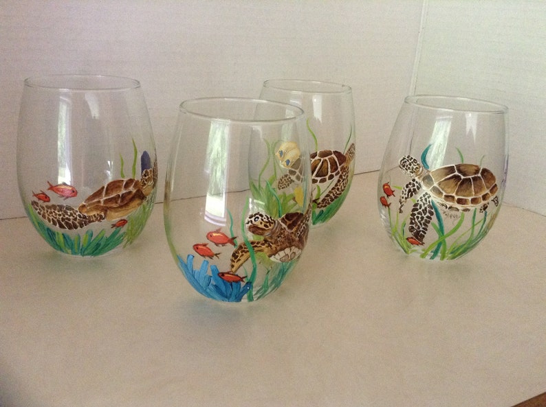 1 Wine Glass, Sea Turtle Wine Glasses, Stemless, Hand Painted, Brown