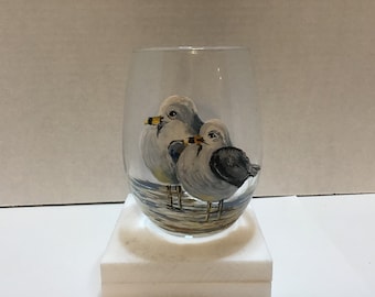 Sea Birds painted on stemless wine glasses. Hand painted.