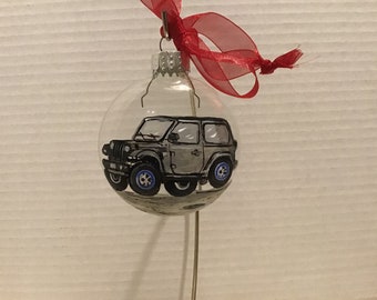 Ornament,  glass, Jeep hand painted