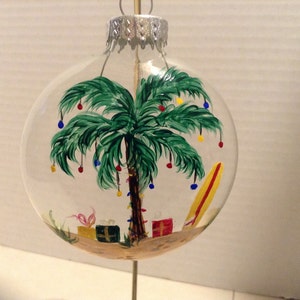 Ornament, glass, decorated palm tree, with presents and surfboard image 3