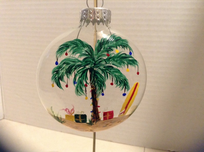 Ornament, glass, decorated palm tree, with presents and surfboard image 3