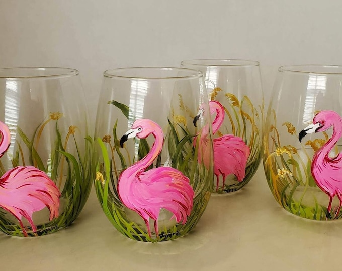 Hand Painted Crowned Pink Flamingo Wine Glass Etsy
