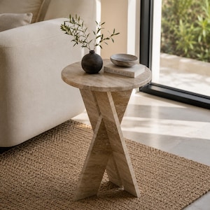 Mesa auxiliar redonda de mármol travertino, mesa auxiliar de piedra de lujo, mesa de centro moderna con pedestal, mesa de centro de mármol hecha a mano, mesita de noche.