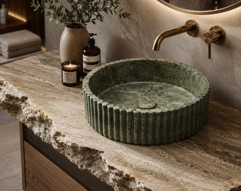Lavabo de mármol verde / Lavabo redondo de piedra estriada para baño / Lavabo de mármol de lujo / Lavabo de tocador hecho a mano / Encimera de lavabo de tocador a medida
