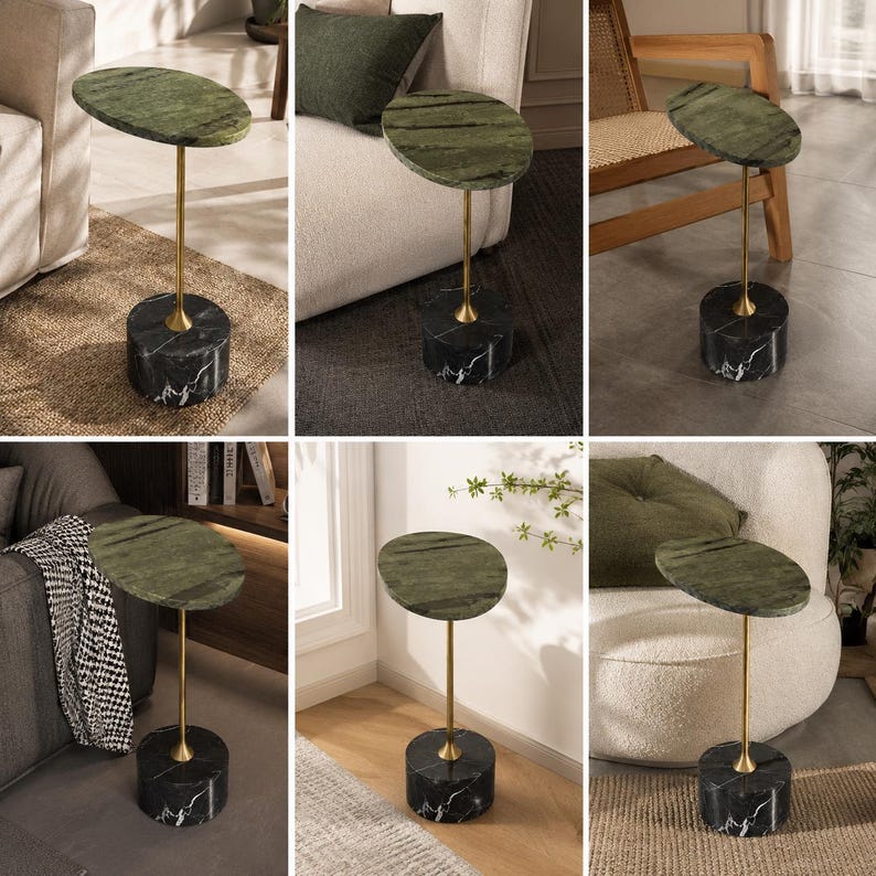 Luxury Green Marble Side Table | Modern Marble End Table | Handmade Accent Table | Designer Stone Coffee Table | Gold Pedestal Table image 6