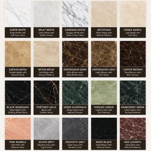 May include: A grid of twenty square marble samples in various colors including white, beige, brown, black, green, pink, grey, and red. Each sample is labeled with its name and a brief description of its color and veining pattern.
