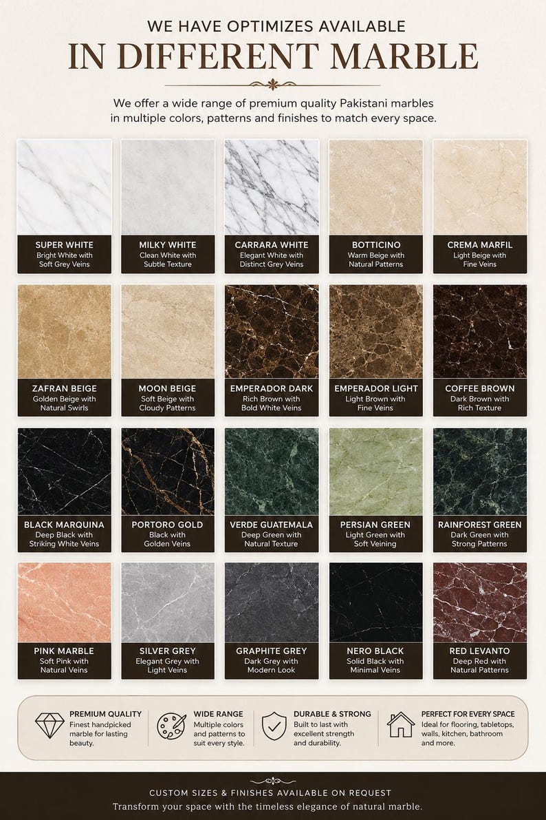 May include: A grid of twenty square marble samples in various colors including white, beige, brown, black, green, pink, grey, and red. Each sample is labeled with its name and a brief description of its color and veining pattern.