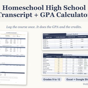 May include: A digital homeschool high school transcript and GPA calculator template. The document features tables for tracking credits, unweighted and weighted GPAs, and subject progress for grades 9 through 12. Compatible with Excel and Google Sheets.