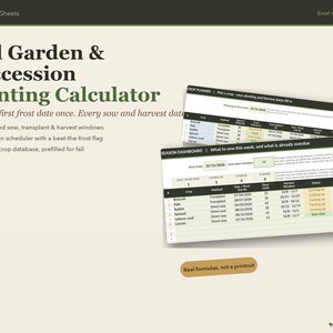 May include: A digital Fall Garden & Succession Planting Calculator spreadsheet for Excel and Google Sheets. The interface displays a crop planner and season dashboard with columns for crop names, planting methods, dates, and harvest windows.