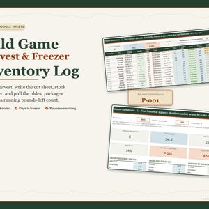 Deer Harvest Log and Venison Cut Sheet, Freezer Inventory Tracker with Printable Freezer List and Package Labels (Excel, Google Sheets)