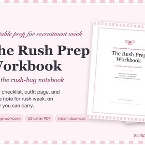 Könnte beinhalten: Ein druckbares Vorbereitungsarbeitsbuch für die Rekrutierungswoche mit dem Titel The Rush Prep Workbook and the rush-bag notebook. Das Dokument zeigt ein rosa Schleifensymbol, schwarzen Text auf weißem Grund und einen rosa gestreiften Rand. 33-seitiges PDF.