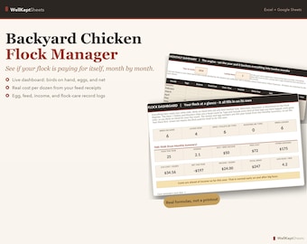 May include: A digital spreadsheet template titled Backyard Chicken Flock Manager for Excel and Google Sheets. The interface displays a dashboard with data tables for tracking birds, egg production, feed costs, and income, featuring a clean layout.