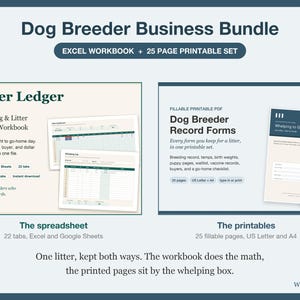 Puede incluir: Un paquete de negocios para criadores de perros que incluye un libro de trabajo de Excel y un conjunto imprimible de 25 páginas. Contiene un registro de camada con 22 pestañas para Excel y Google Sheets, y formularios PDF rellenables.