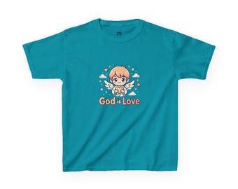 Camiseta cristiana para niños, camiseta con cruz "Dios es amor", camiseta de fe para la escuela dominical.