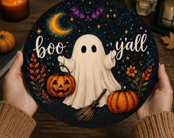 Custom Halloween Door Sign, Personalized Metal Porch Decor, Cute Ghost Pumpkin Cat Hanging Sign, Halloween Gift for Family, Fall Home Decor