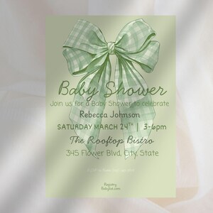 Green Bow Gender Neutral Baby Shower Invitation Template- Digital Download