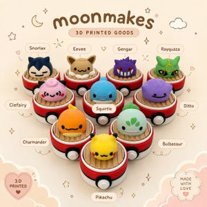 May include: A collection of ten 3D printed figures featuring Snorlax, Eevee, Gengar, Rayquaza, Clefairy, Squirtle, Ditto, Charmander, Bulbasaur, and Pikachu. Each character sits atop a red and white Poké Ball base with a wooden-textured platform.